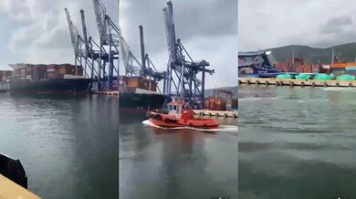 Loď srážející jeřáby v přístavu