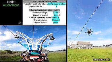 Dron nabíjící se z elektrického vedení