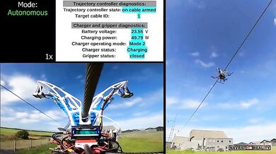 Dron nabíjící se z elektrického vedení