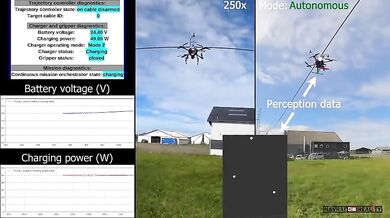 Dron nabíjící se z elektrického vedení