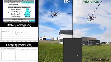 Dron nabíjící se z elektrického vedení