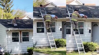 Řidič narazil do domu v Saginawu - po nárazu vyletěl na střechu domu
