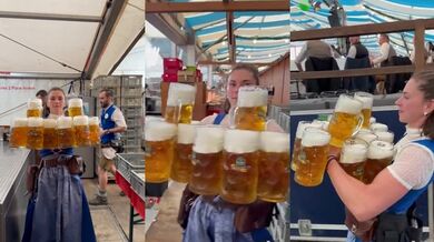 Práce servírky na Oktoberfestu vyžaduje pořádné svaly!