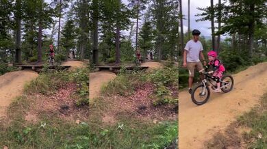 Téměř povedený downhill se skokem malé holčičky