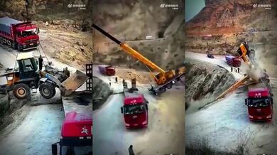 Fail při nakládání nakladače na návěs kamionu