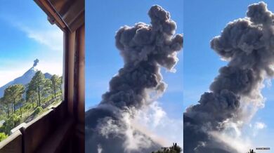 Výhled na sopku ze záchodu