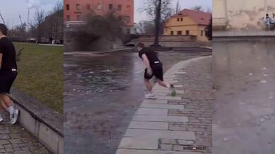 Pokus o přeběhnutí zamrzlé řeky v Plzni