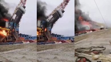 Ropná věž v Rusku se zřítila v plamenech, tři lidé v kritickém stavu