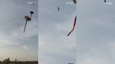 Odvážlivec v Číně se nechal vynést drakem do výšky téměř 30 metrů