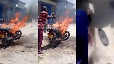 Chytrolín s rýčem a hořící motorka