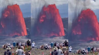 Ohromující lávová fontána na Havaji během erupce sopky Kilauea
