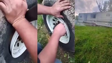 Pokus o nafouknutí kola karavanu