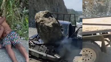 Řidič jen o fous přežil pád balvanu na jeho vozidlo