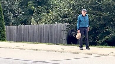 Senior si nevšiml, že za ním po chodníku kráčí černý medvěd